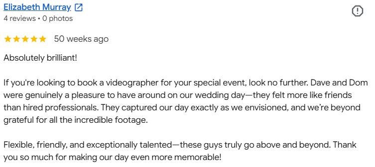 customers review of white oak wedding films